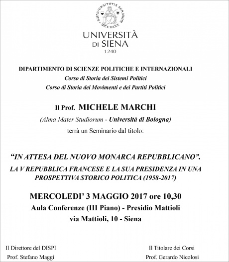 Seminario "In attesa del nuovo monarca repubblicano. La V repubblica francese e la sua presidenza in una prospettiva storico politica"