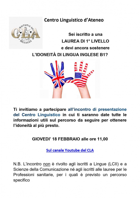 Idoneità di lingua inglese B1 e B2: incontri informativi del Centro linguistico di Ateneo