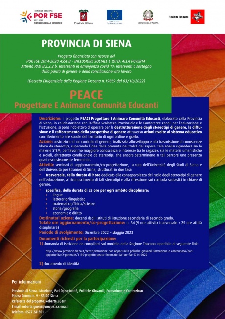 Progetto PEACE: aperte le iscrizioni per le/i docenti delle scuole secondarie di secondo grado