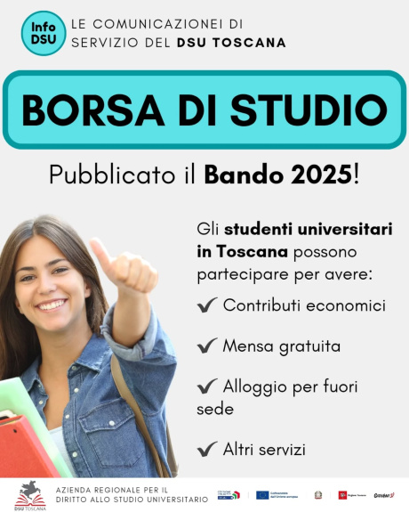 Aperto il bando per borsa di studio e posto alloggio Dsu Toscana 2025-2026 Aperto il bando per borsa di studio e posto alloggio Dsu Toscana 2025-2026