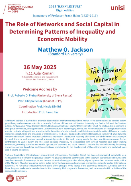 8° Hahn Lecture: speaker l'economista Matthew Jackson