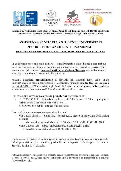 Assistenza sanitaria: servizio gratuito per le studentesse e gli studenti residenti fuori dalla Regione Toscana 