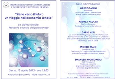 Brochure convegno su "Le biotecnologie. Presente e futuro del polo senese"