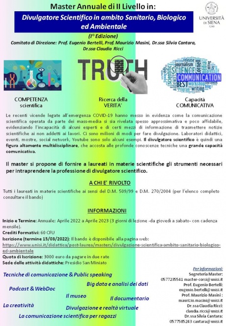 master annuale di II livello in "Divulgatore scientifico in ambito sanitario, biologico ed ambientale"