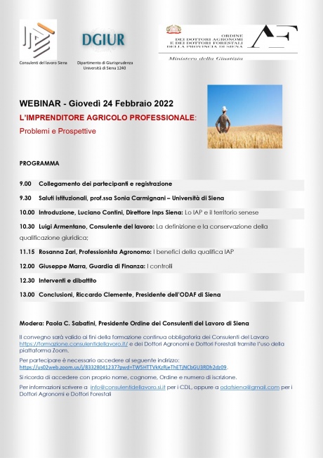 Webinar "L'imprenditore agricolo professionale: problemi e prospettive" Webinar "L'imprenditore agricolo professionale: problemi e prospettive"