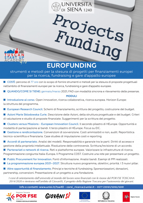 eurofunding II edizione - strumenti e metodi per la stesura di progetti per finanziamenti europei per la ricerca, fundraising e gare d’appalto europee - edizione 2020/2021