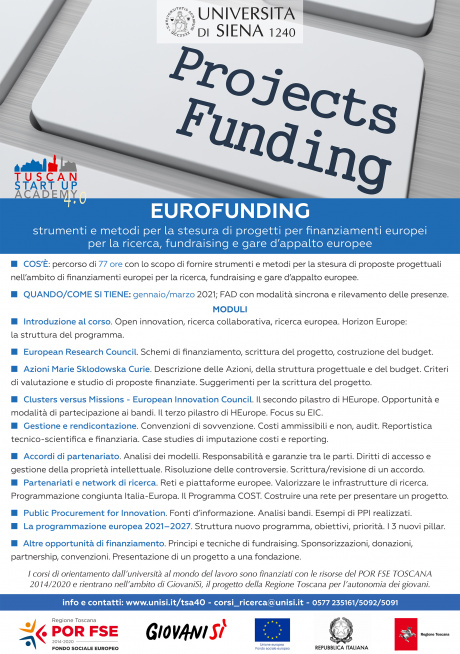 eurofunding II edizione - strumenti e metodi per la stesura di progetti per finanziamenti europei per la ricerca, fundraising e gare d’appalto europee - edizione 2020/2021 eurofunding II edizione - strumenti e metodi per la stesura di progetti per finanziamenti europei per la ricerca, fundraising e gare d’appalto europee - edizione 2020/2021