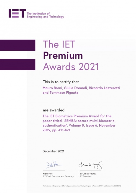 Al prof. Mauro Barni il premio "The IET Premium Awards 2021"