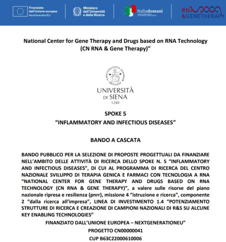 Centro Nazionale RNA – Spoke 5: pubblicato il bando a cascata "Inflammatory and Infectious Diseases" Centro Nazionale RNA – Spoke 5: pubblicato il bando a cascata "Inflammatory and Infectious Diseases"