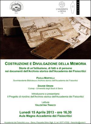 Locandina Archivio storico Accademia dei Fisiocritci