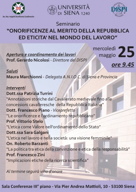 Seminario “Onoreficenze al merito della Repubblica ed eticità nel mondo del lavoro”
