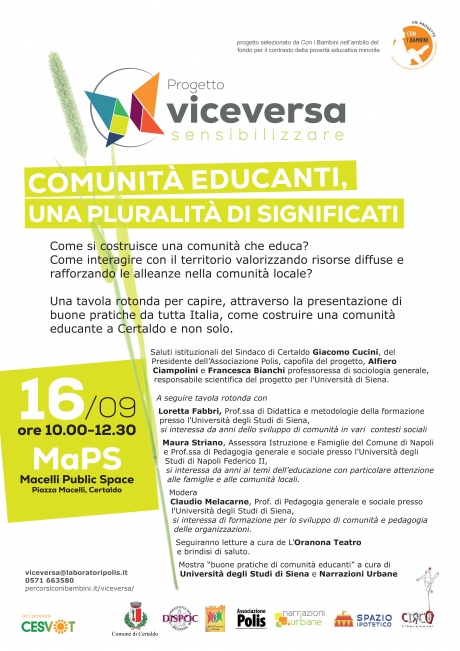 Certaldo: l’Università di Siena coordina la tavola rotonda sul “Progetto Viceversa per costruire una comunità educante” Certaldo: l’Università di Siena coordina la tavola rotonda sul “Progetto Viceversa per costruire una comunità educante”