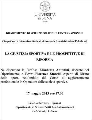 Locandina "La giustizia sportiva e le prospettive di riforma"