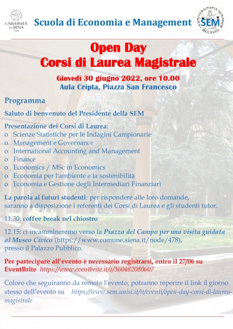 Open Day Corsi di laurea magistrale Scuola Economia e Management