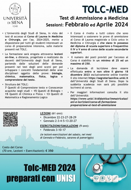 corso di preparazione al test di ammissione a Medicina e Chirurgia per l’anno accademico 2024-2025