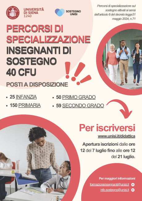 Avviso di selezione per accesso a Percorsi di specializzazione sul sostegno