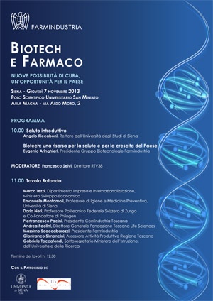 Locandina evento "Biotech e farmaco: nuove possibilità di cura, un'opportunità per il paese"