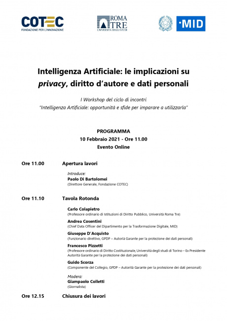 Workhop online gratuito “Intelligenza Artificiale: le implicazioni su privacy, diritto d’autore e dati personali”