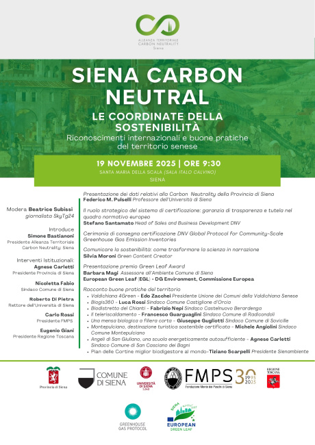 Locandina Siena Carbon Neutral: le coordinate della sostenibilità Locandina Siena Carbon Neutral: le coordinate della sostenibilità