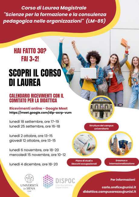 Corso di Laurea magistrale in Scienze per la formazione e la consulenza pedagogica nelle organizzazioni (LM-85): al via i ricevimenti online con il Comitato per la didattica
