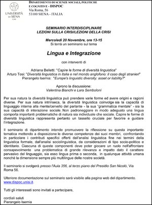 Locandina "Lingua e integrazione: capire le forme di diversità linguistica"