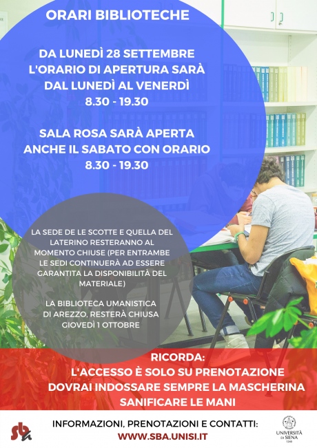 Dal 28 settembre biblioteche di area aperte al pubblico dal lunedì al venerdì, dalle 8.30 alle 19.30