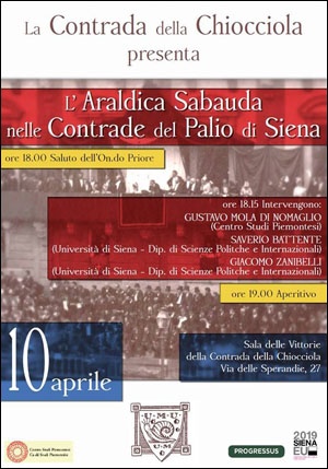 locandina convegno "L'araldica sabauda nelle contrade del Palio di Siena"