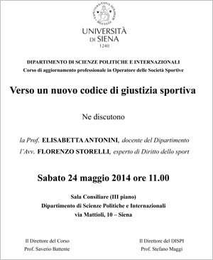 locandina incontro "Verso un nuovo codice della giustizia sportiva" locandina incontro "Verso un nuovo codice della giustizia sportiva"