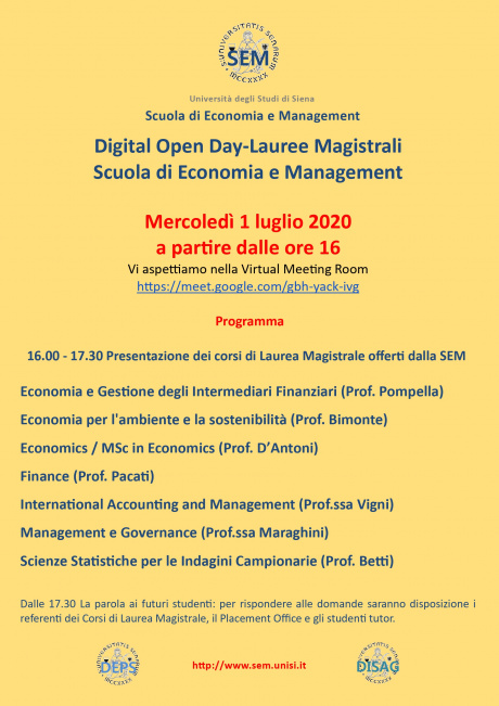 Digital Open Day-Lauree magistrali Scuola di Economia e Management Digital Open Day-Lauree magistrali Scuola di Economia e Management