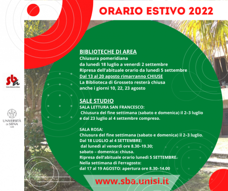 orario di apertura delle biblioteche di area estate 2022