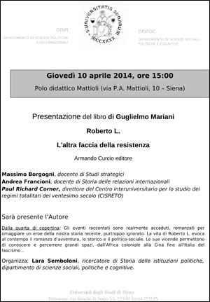 Locandina presentazione libro "Roberto L. L'altra faccia della resistenza"