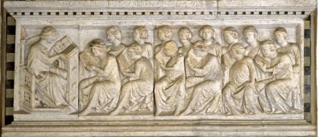 Immagine rilievo del 1325 circa con il Giurista Guglielmo da Ciliano mentre tiene una lezione