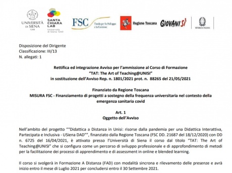 Avviso per ammissione al corso di formazione “TAT: The Art of Teaching @UNISI” Avviso per ammissione al corso di formazione “TAT: The Art of Teaching @UNISI”