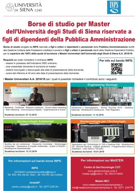 Borse di studio INPS per master dell'Università di Siena per figli di dipendenti e pensionati della P.A.